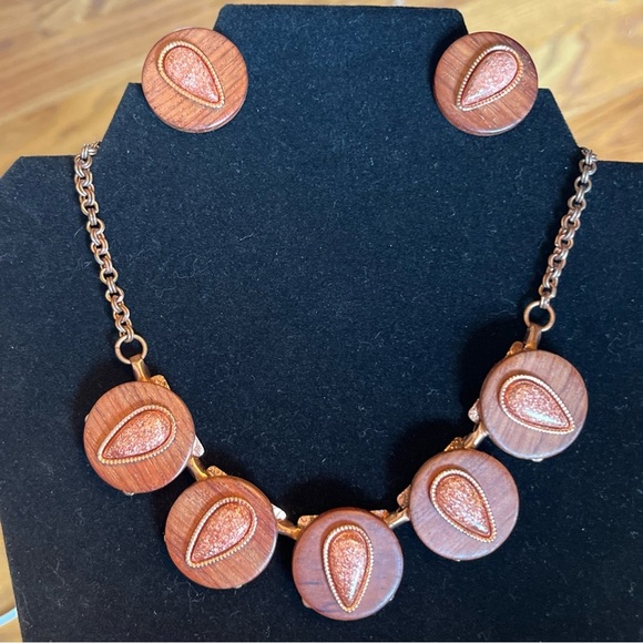 Elegant Vintage Copper, Wood, & Goldstone Necklace & Earring Set - Picture 8 of 8
